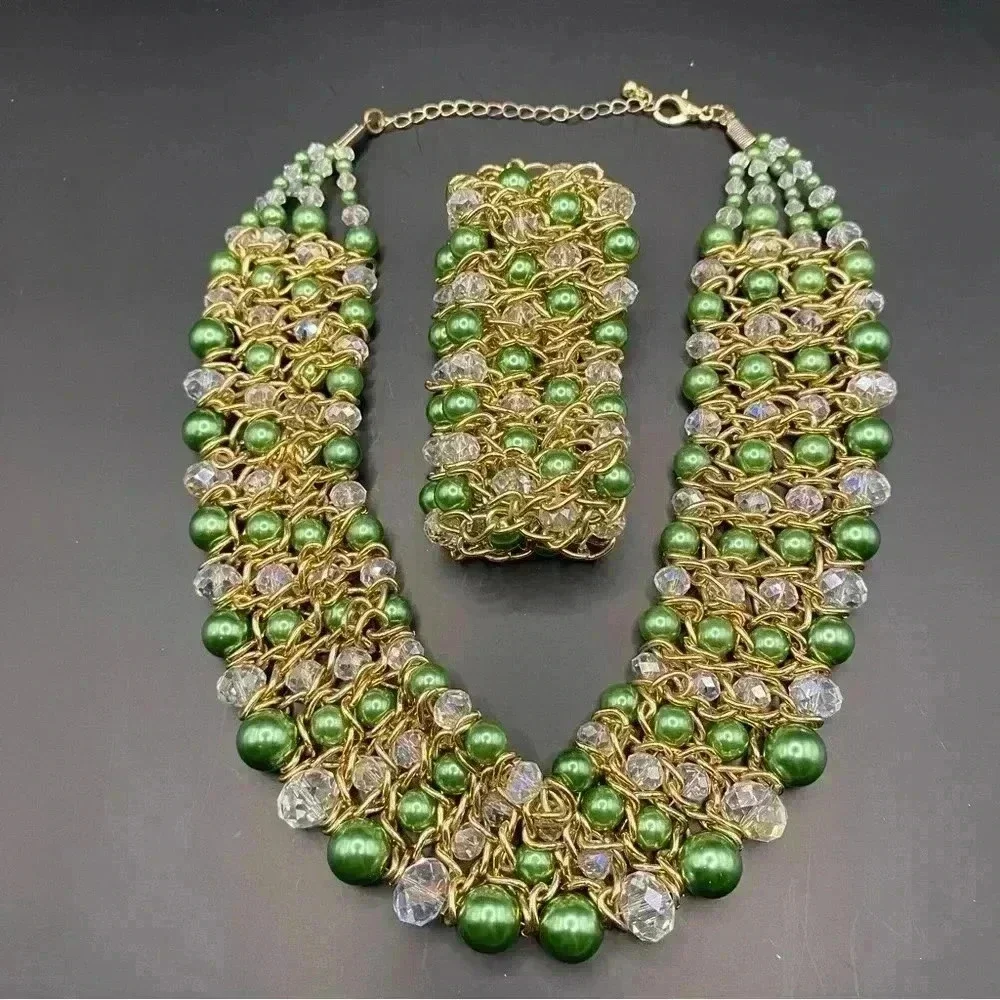 VGT Skyline Collection Gold-tone Emerald Green Crystal Beaded Necklace Bracelet